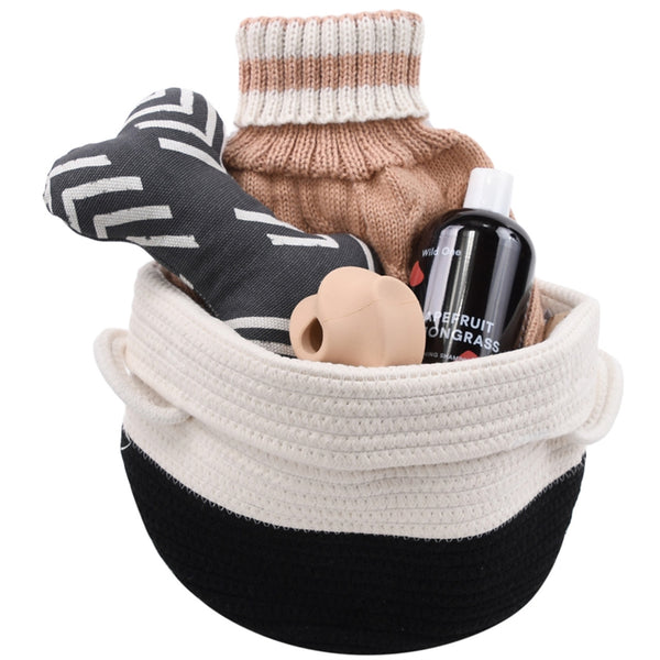 a basket with a sock and a bottle of liquid